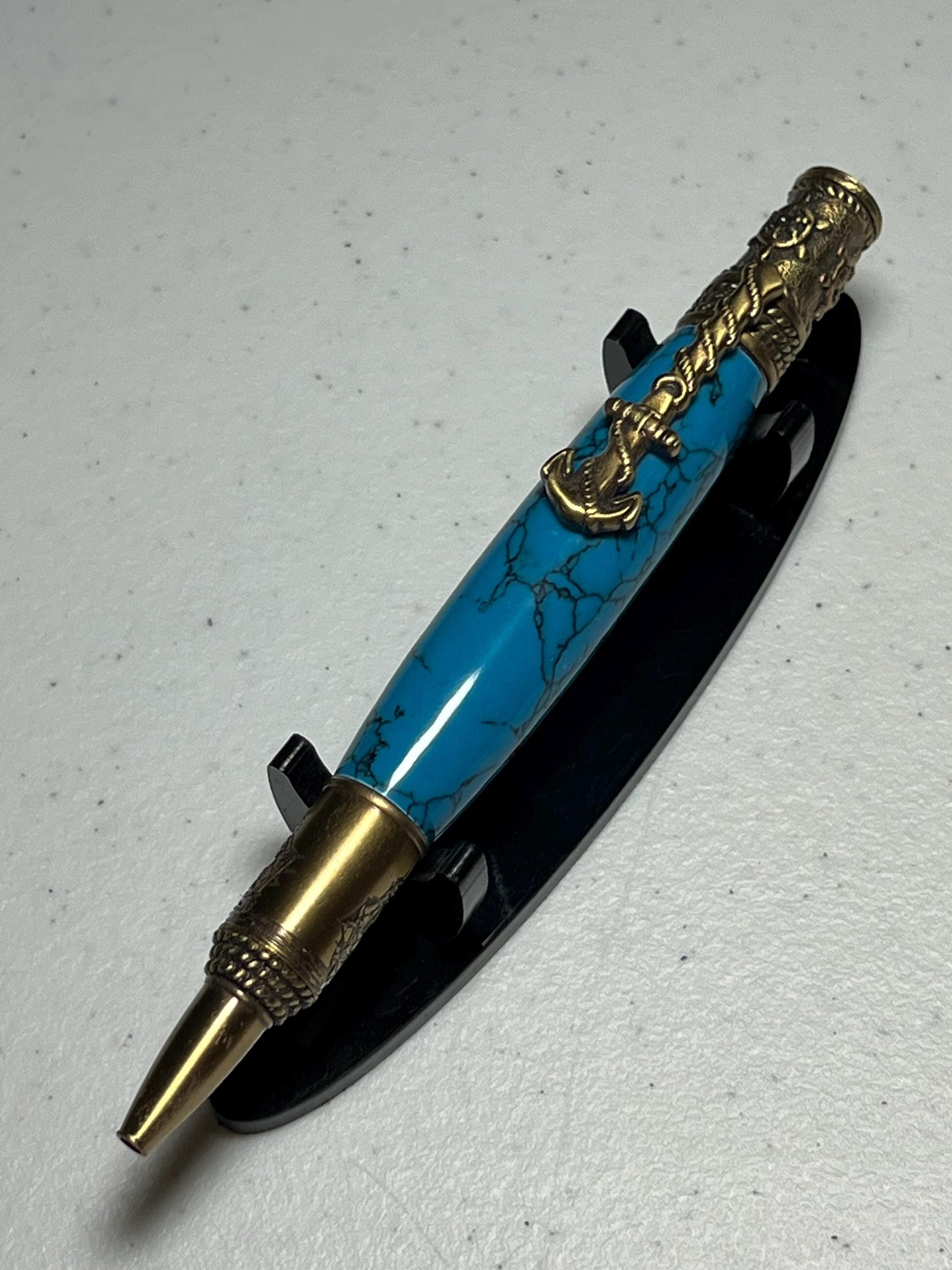 Nautical pen with brass fittings and blue clay barrel
