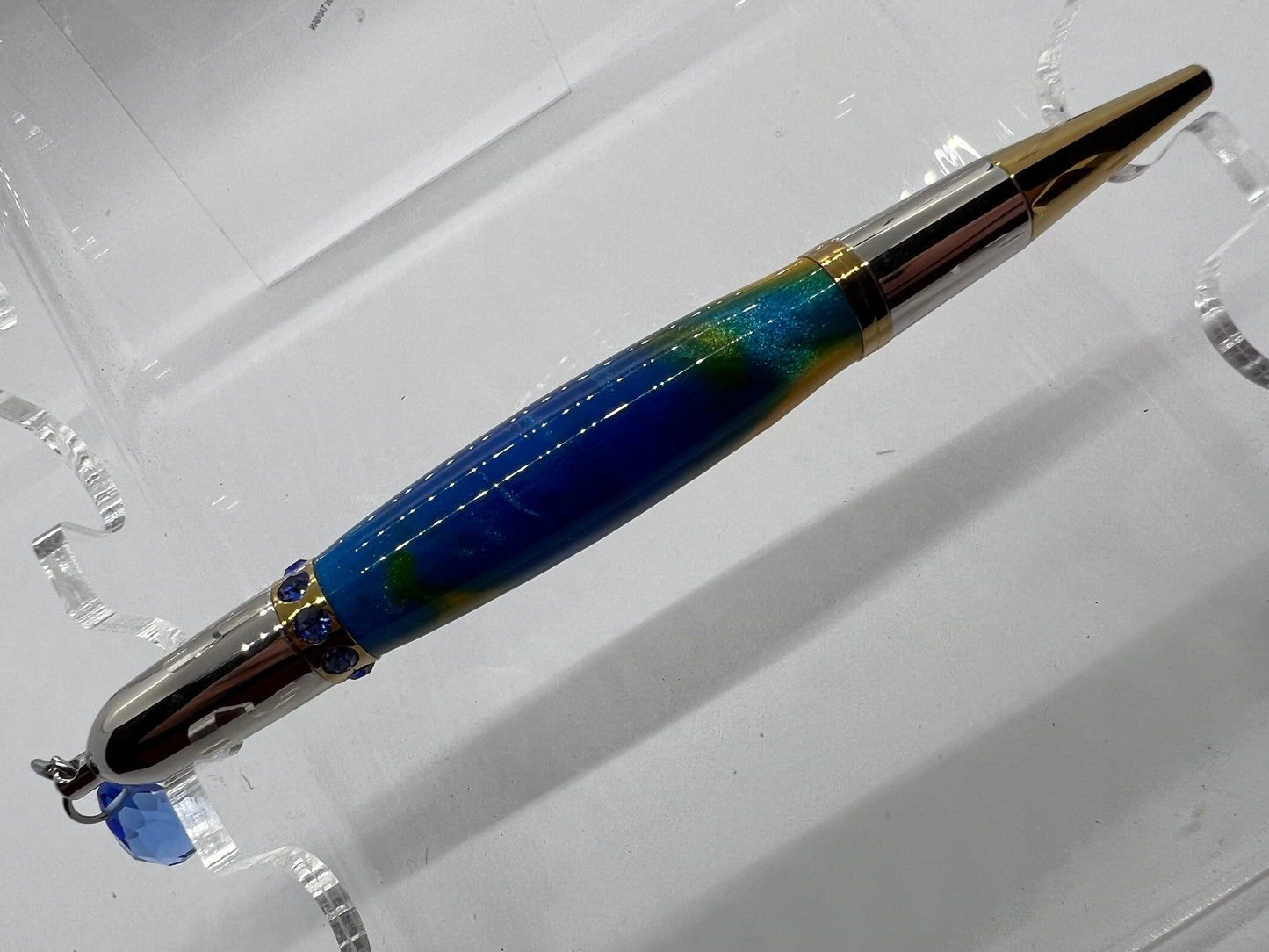 Diva pen with blue/yellow acrylic and blue Swarovski crystals.