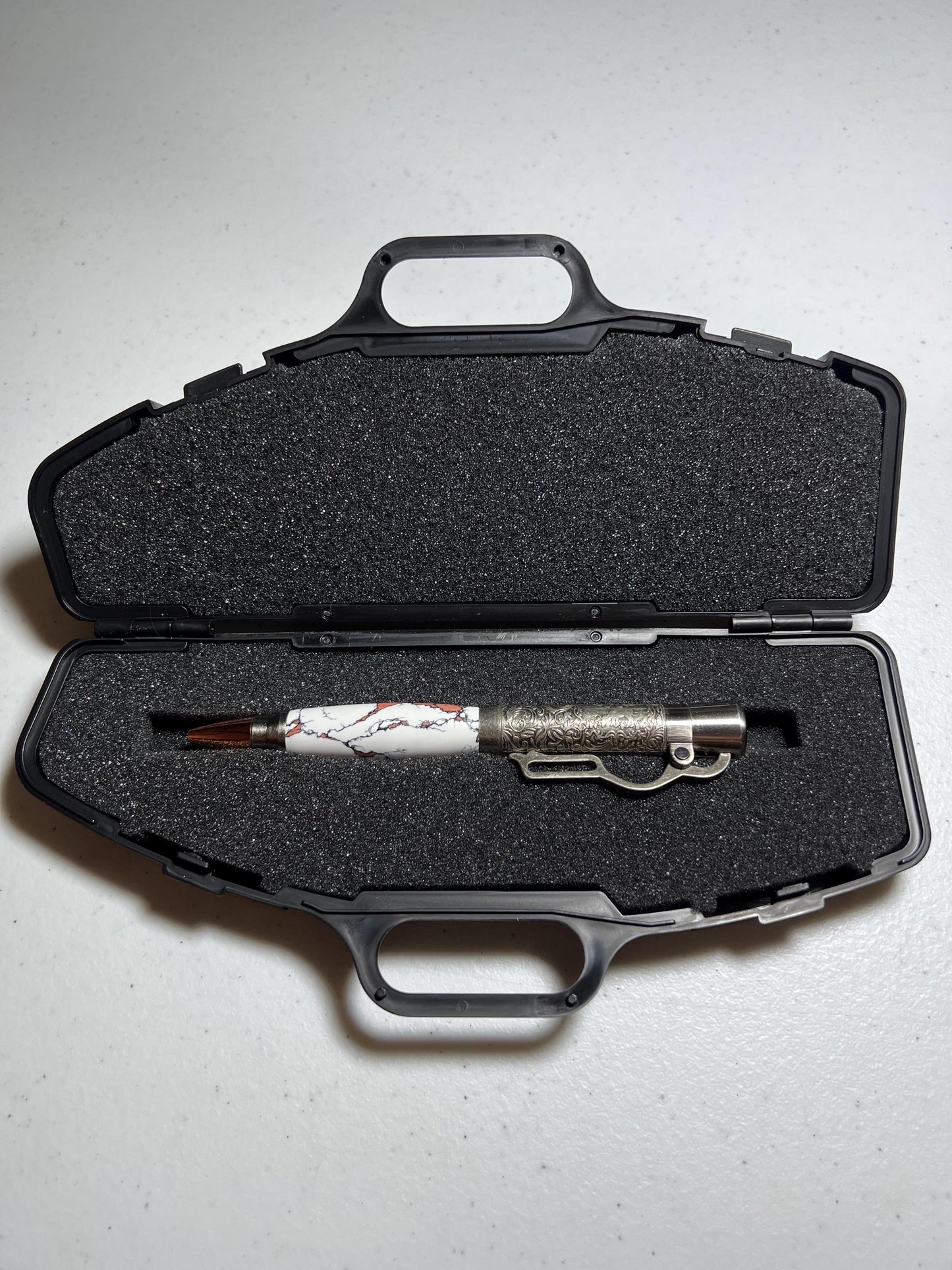 Lever action pen in antique pewter with white and peach clay barrel
