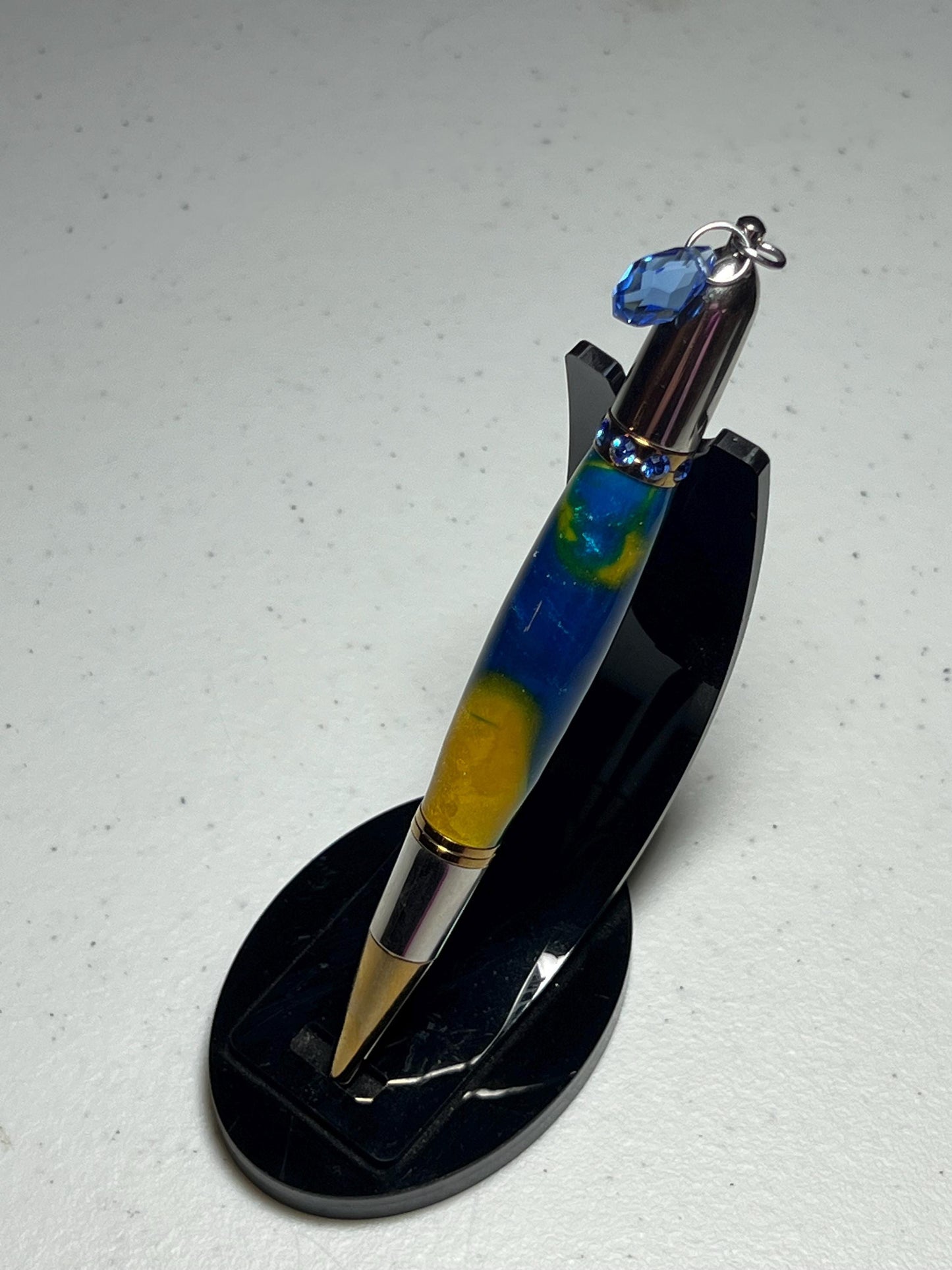 Diva pen with blue/yellow acrylic and blue Swarovski crystals.