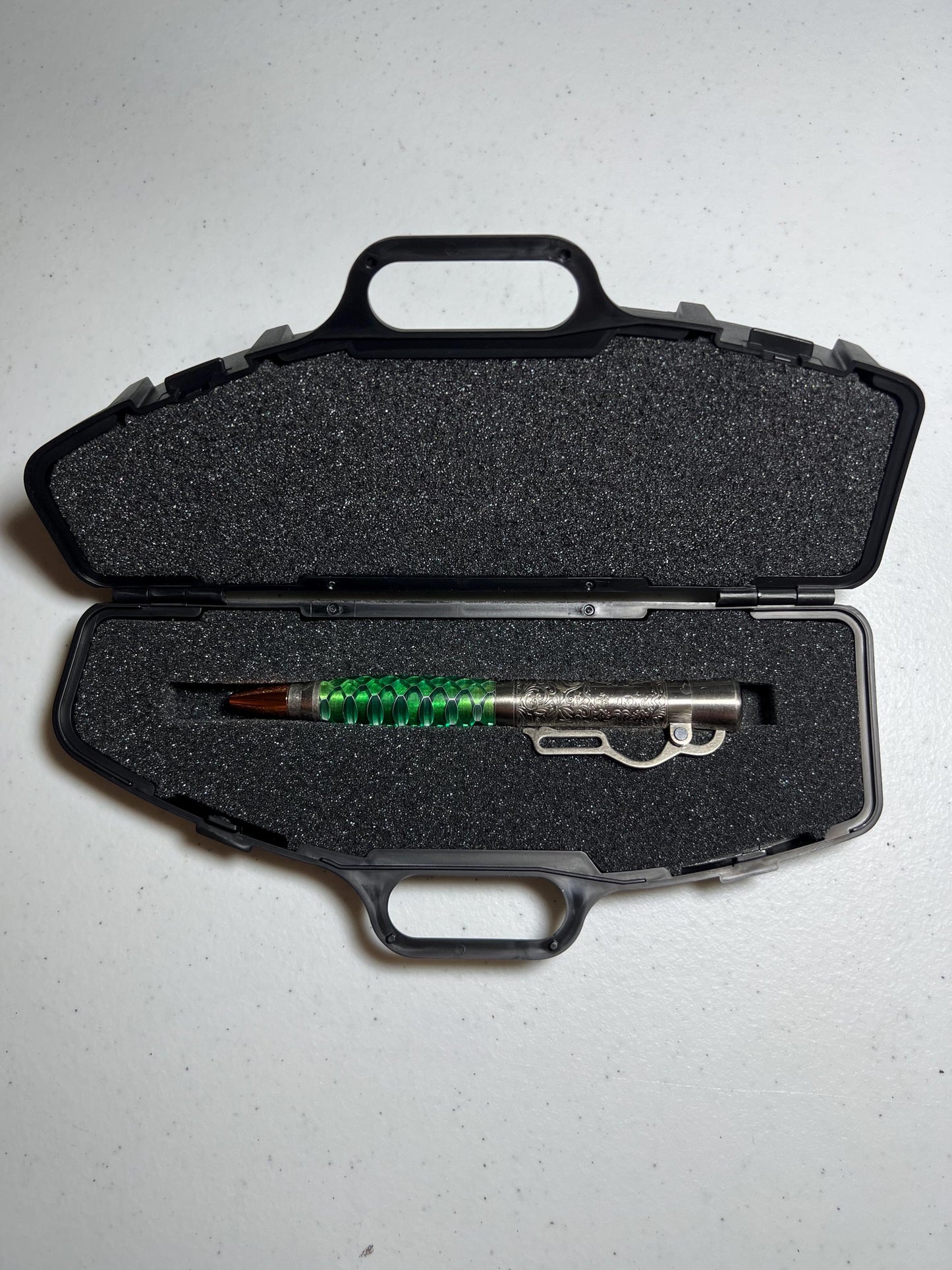 Lever action pen in antique pewter with green snake skin pattern barrel