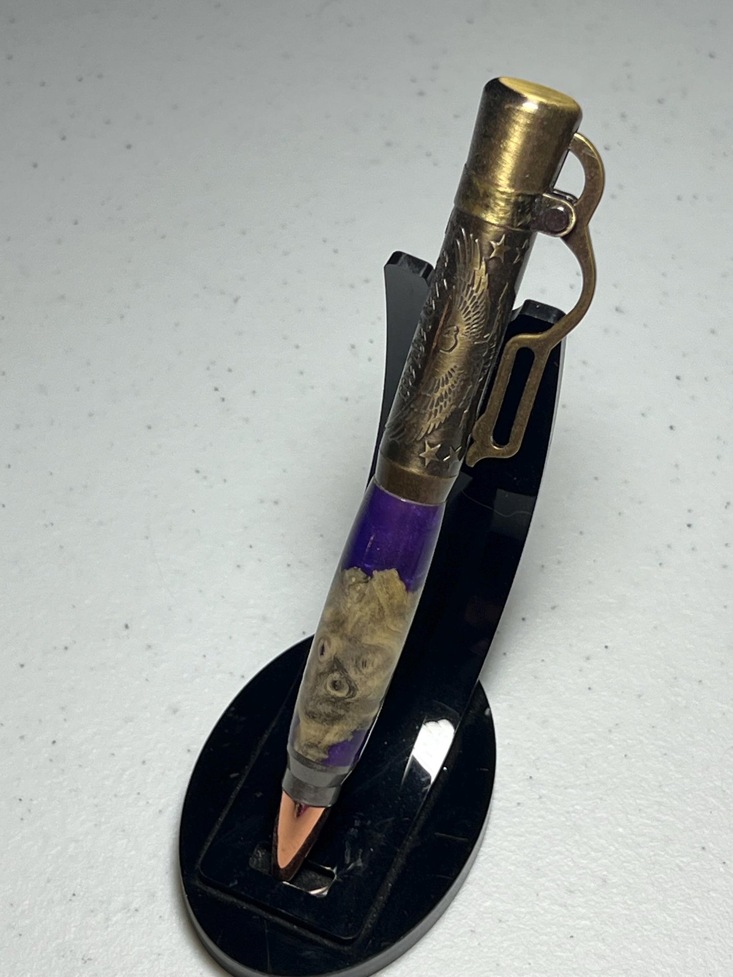 Lever action pen in antique brass with purple resin and burl barrel