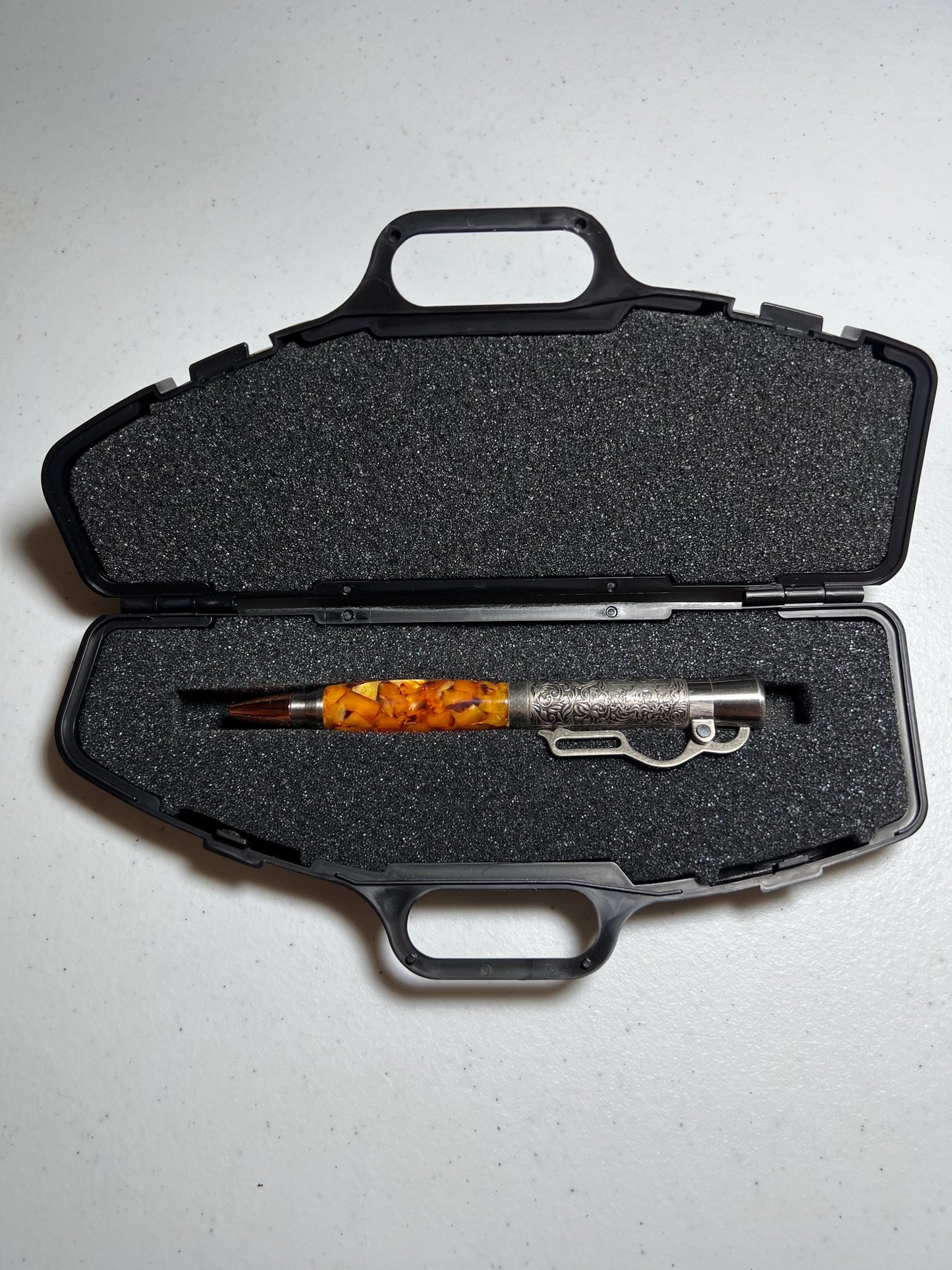 Lever action pen in antique pewter with caramel popcorn barrel
