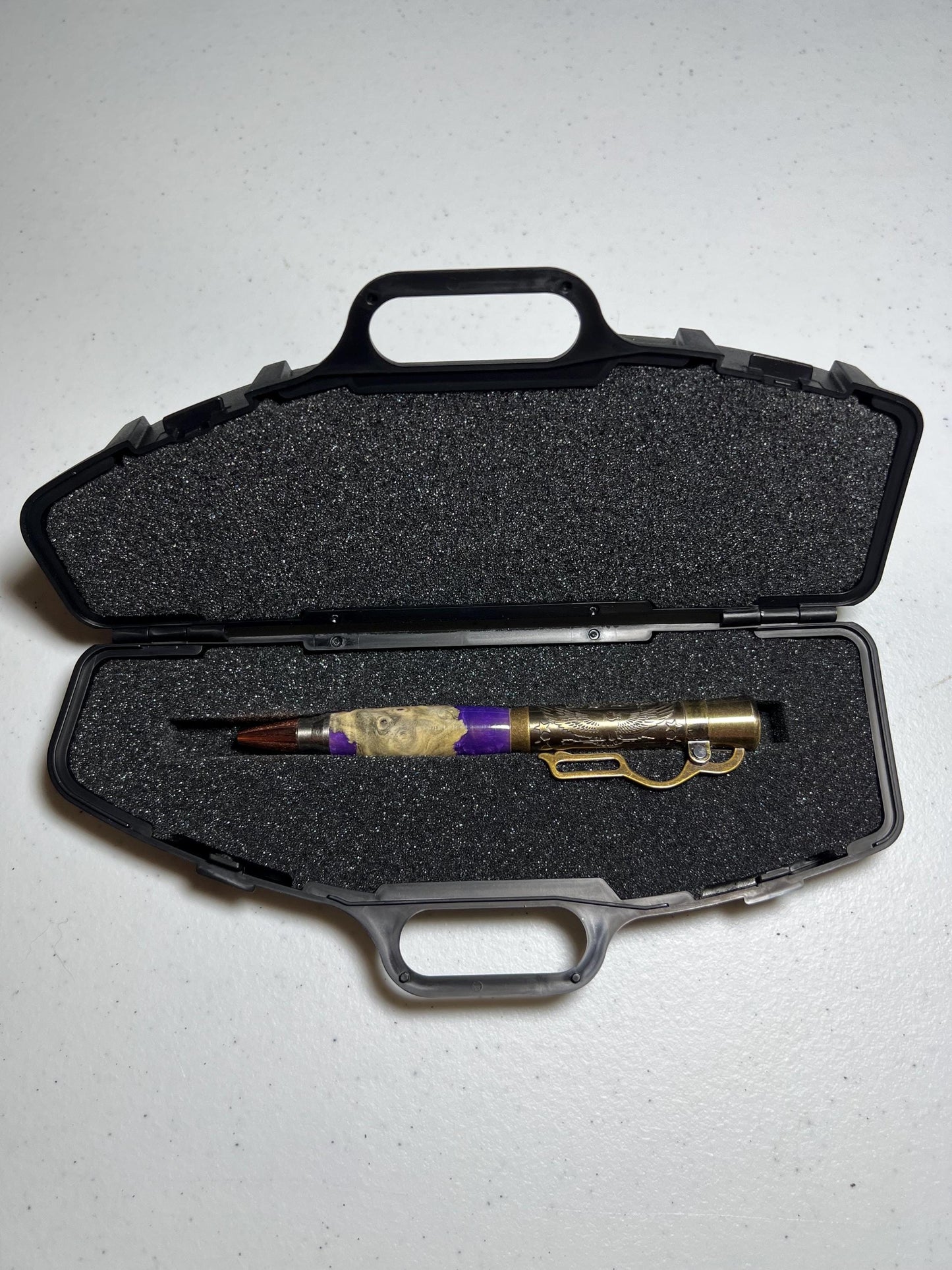Lever action pen in antique brass with purple resin and burl barrel