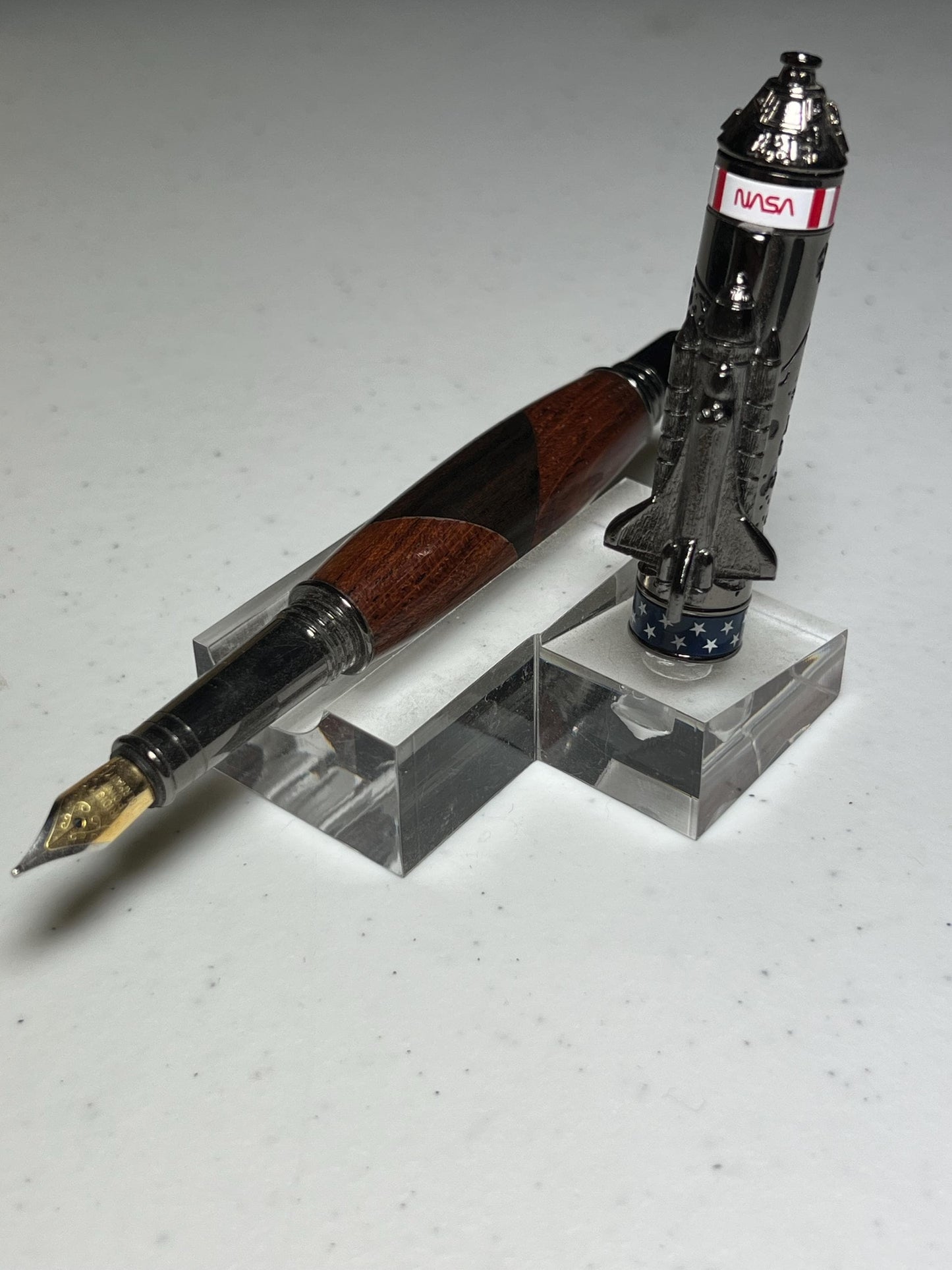 Shuttle two part fountain pen in gunmetal with cherry/walnut barrel