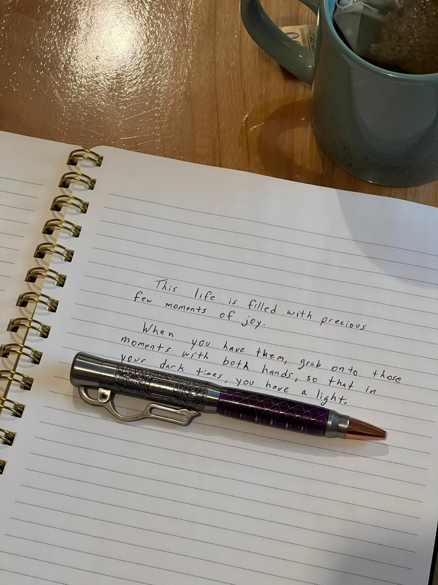 Lever action pen in pewter with purple snake skin pattern barrel