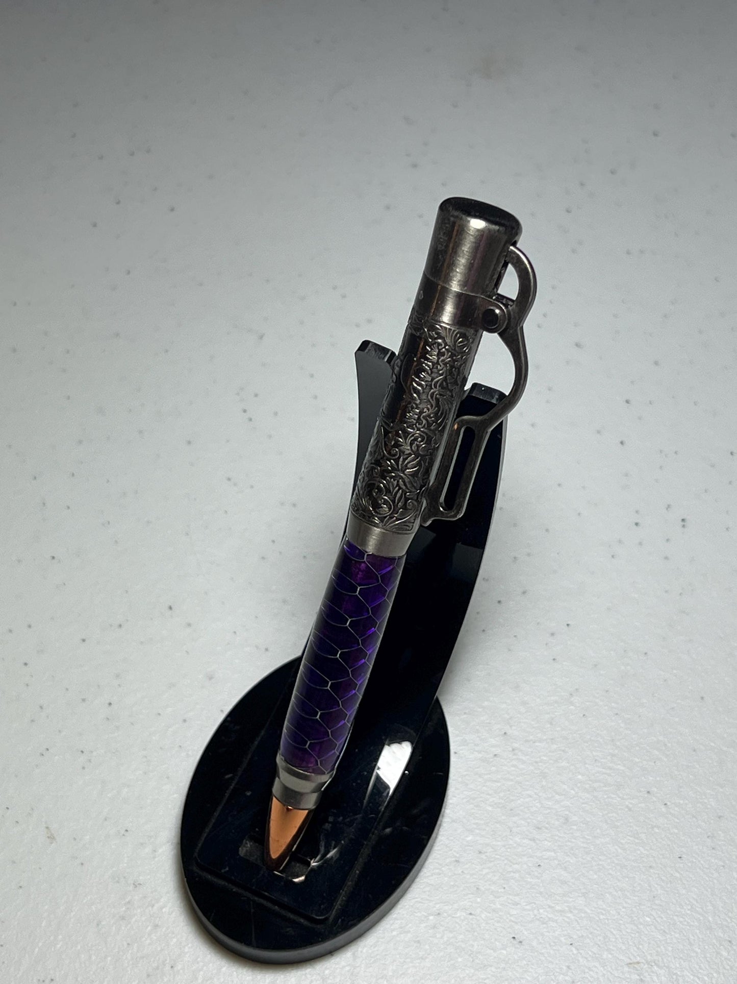 Lever action pen in pewter with purple snake skin pattern barrel