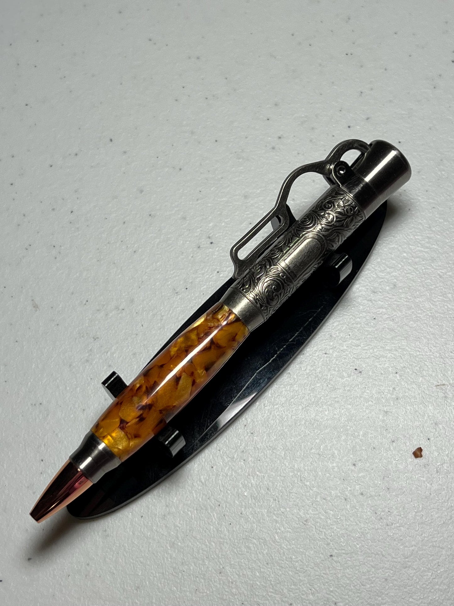 Lever action pen in antique pewter with caramel popcorn barrel
