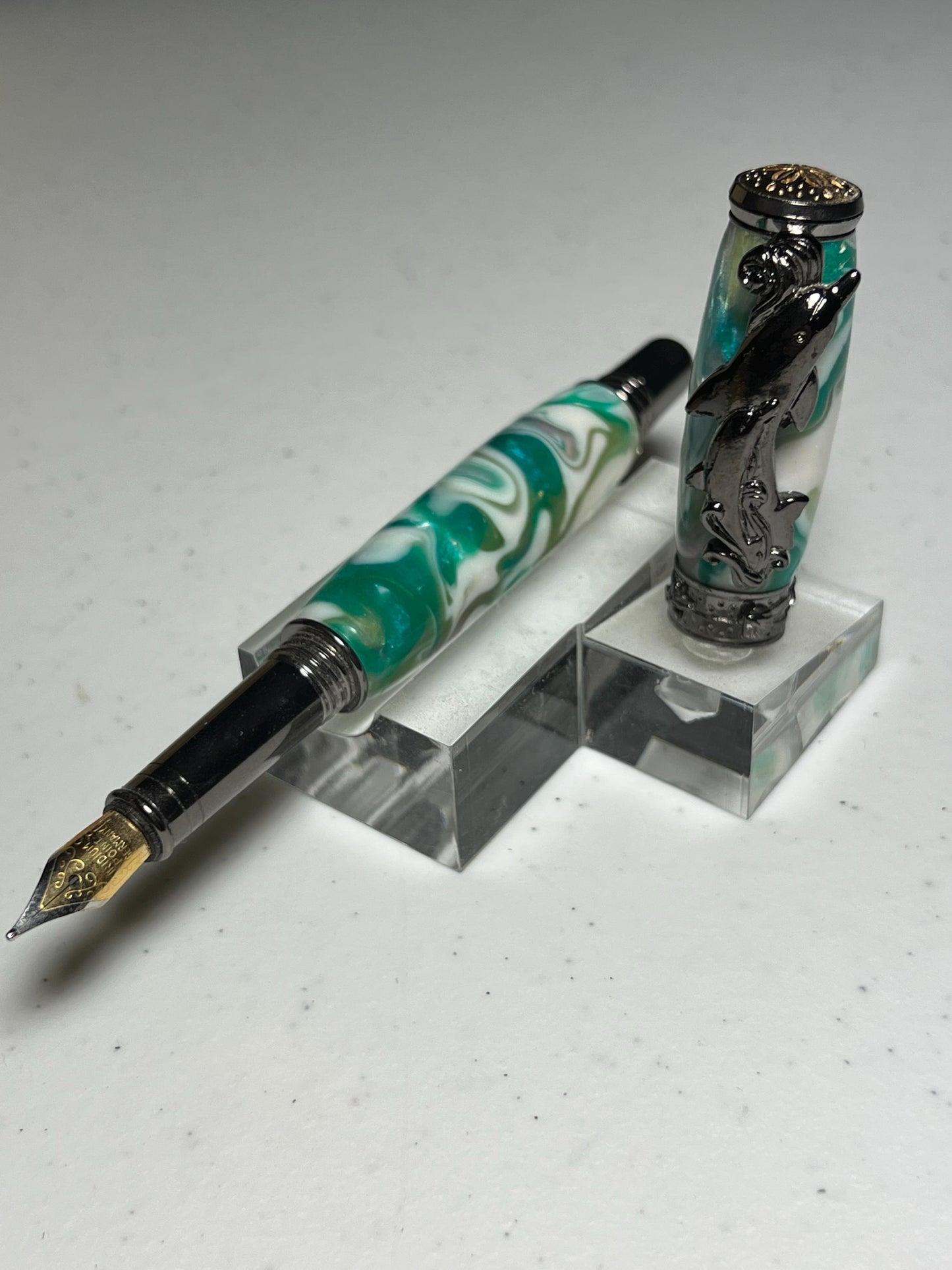Dolphin two part fountain pen in gunmetal, and seafoam