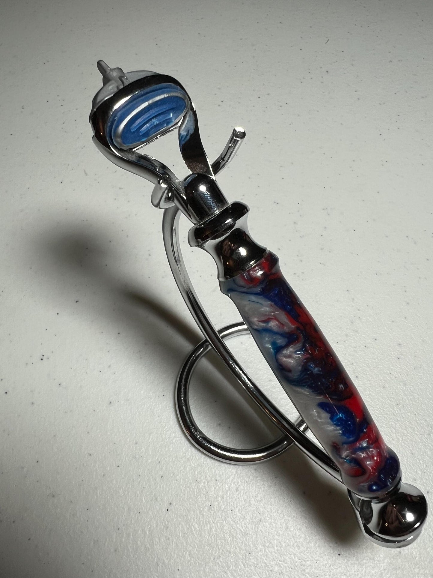 Gillette Fusion Razor handle chrome with black red, white and blue swirl handle and optional holder