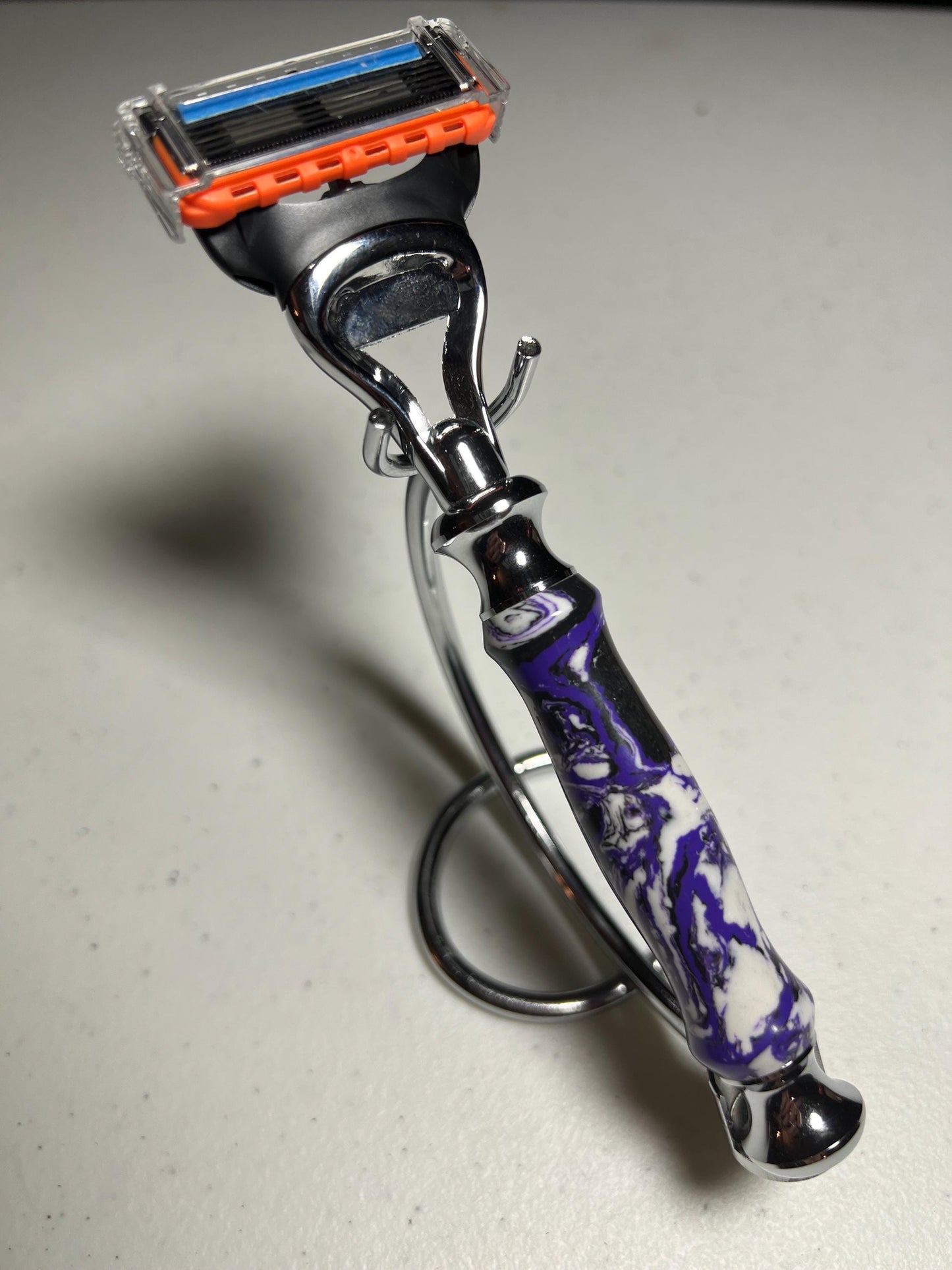 Gillette Fusion Razor handle chrome with white, black and purple polished clay