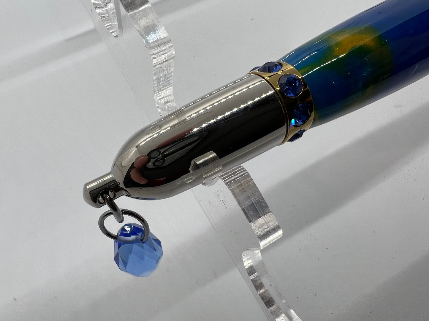Diva pen with blue/yellow acrylic and blue Swarovski crystals.