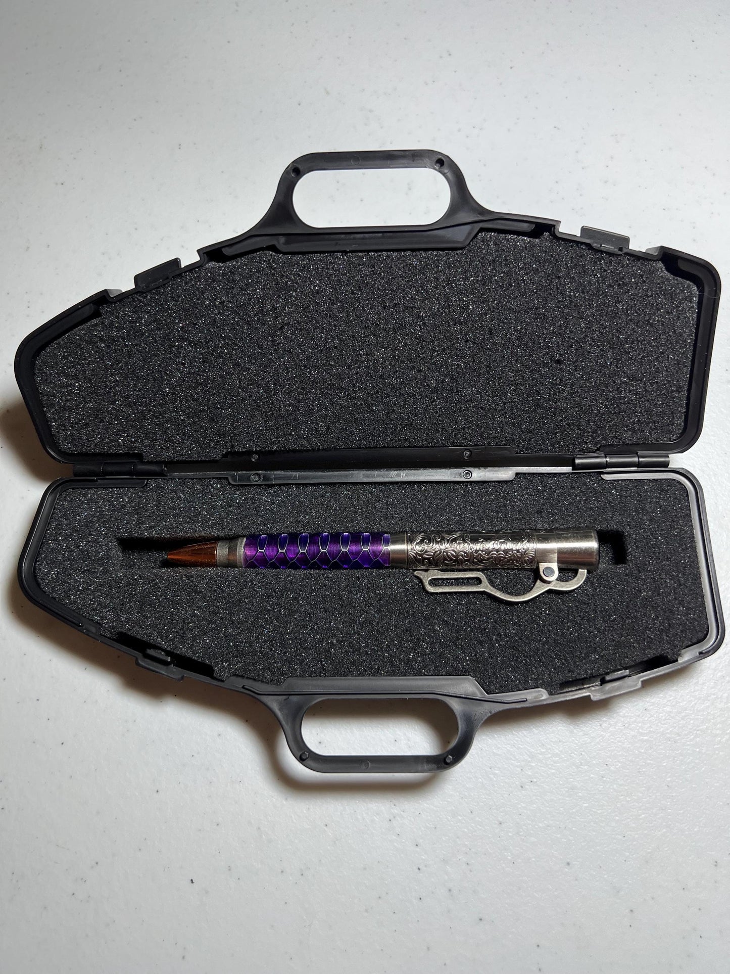 Lever action pen in pewter with purple snake skin pattern barrel