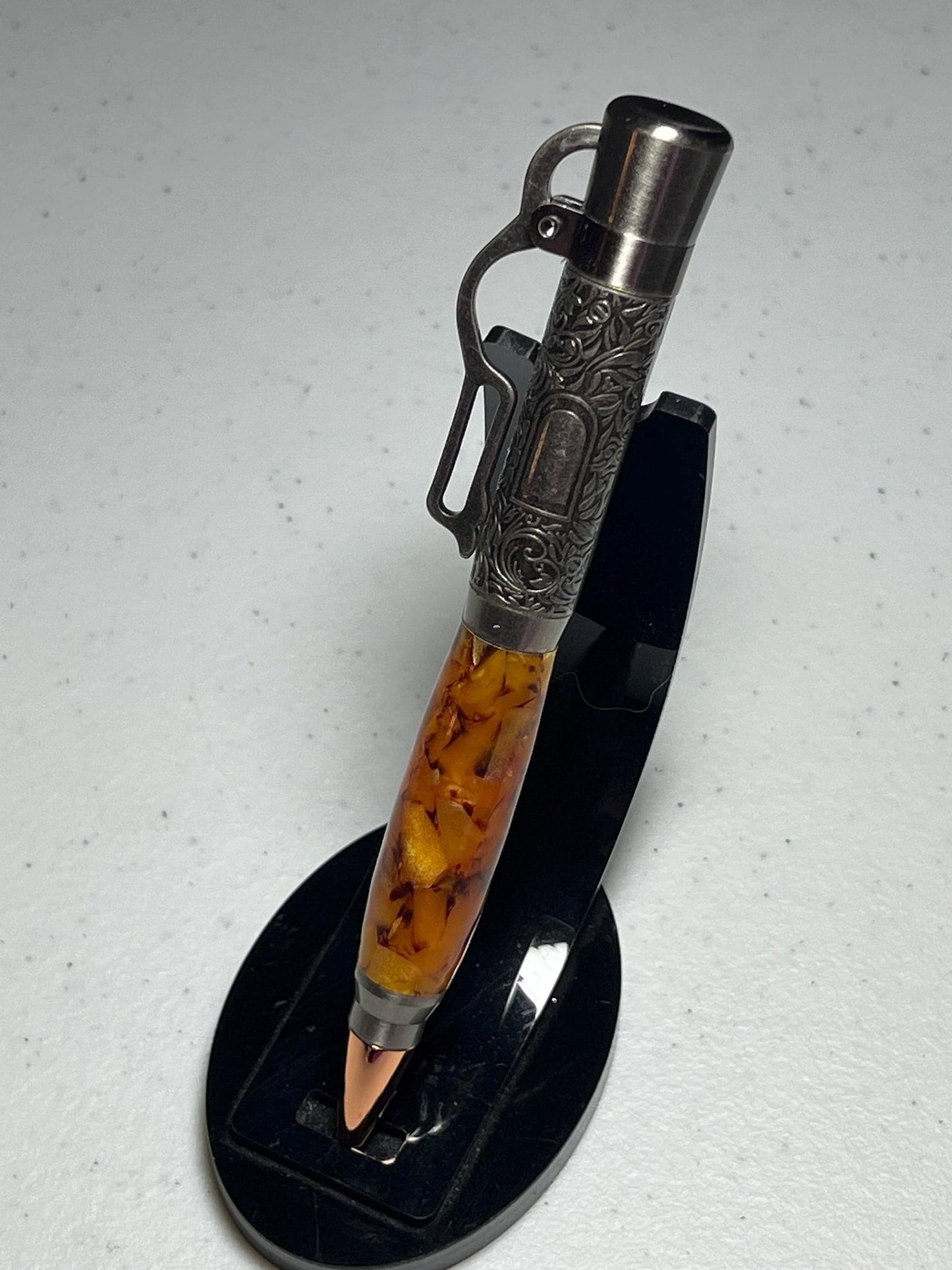 Lever action pen in antique pewter with caramel popcorn barrel