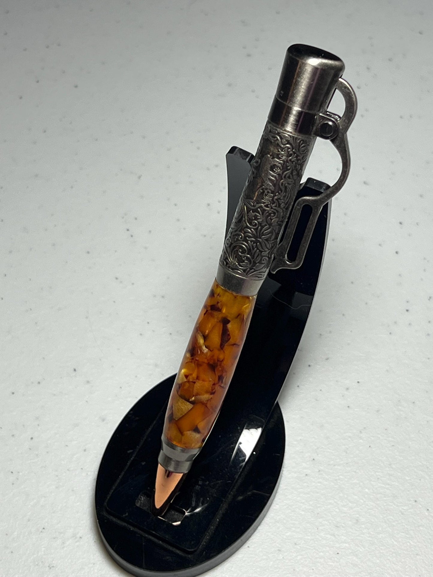 Lever action pen in antique pewter with caramel popcorn barrel