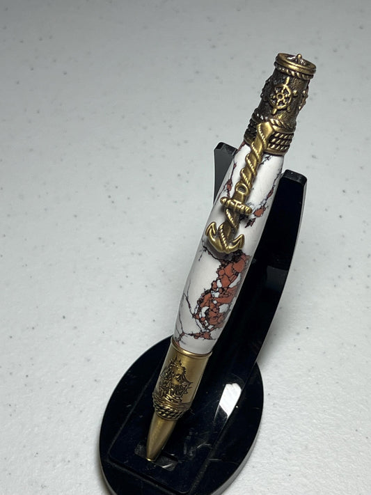 Nautical pen with brass fittings and white/peach clay barrel