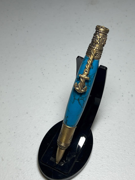 Nautical pen with brass fittings and blue clay barrel