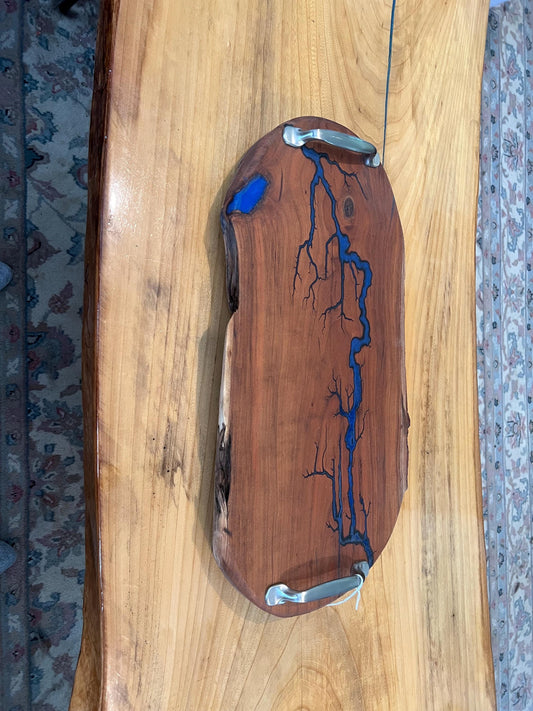 Live edge Cherry Charcuterie tray with Blue Lichtenberg fractures