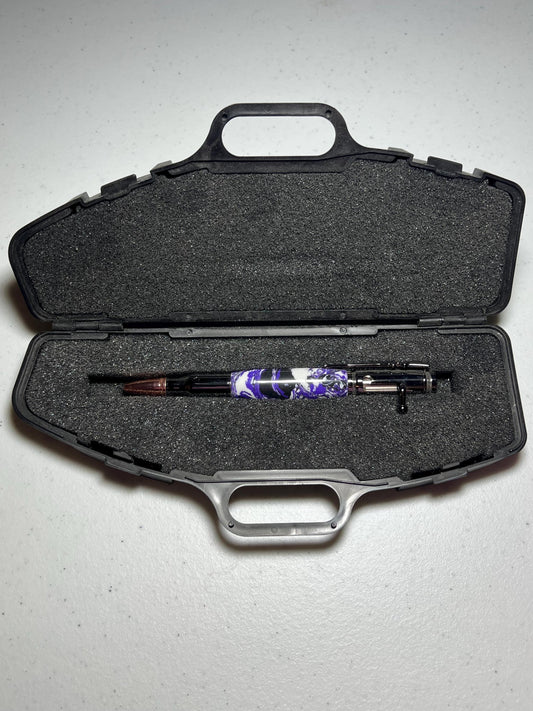 Bolt-action rifle pen gunmetal fittings with purple, white and black clay barrel.