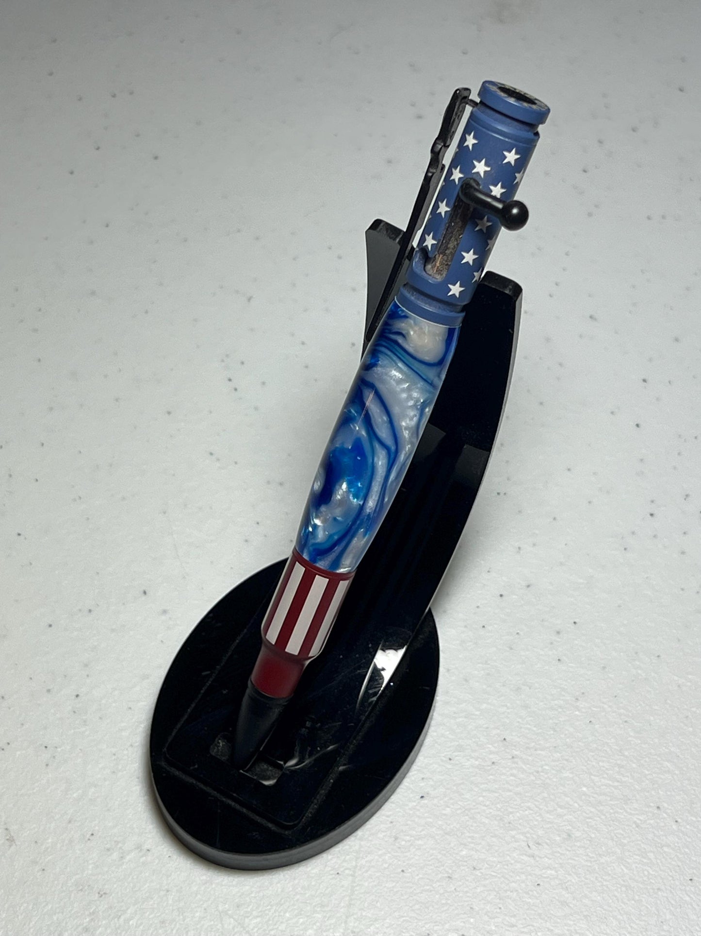 Americana Bolt-action rifle pen gold with Blue and White swirl resin barrel