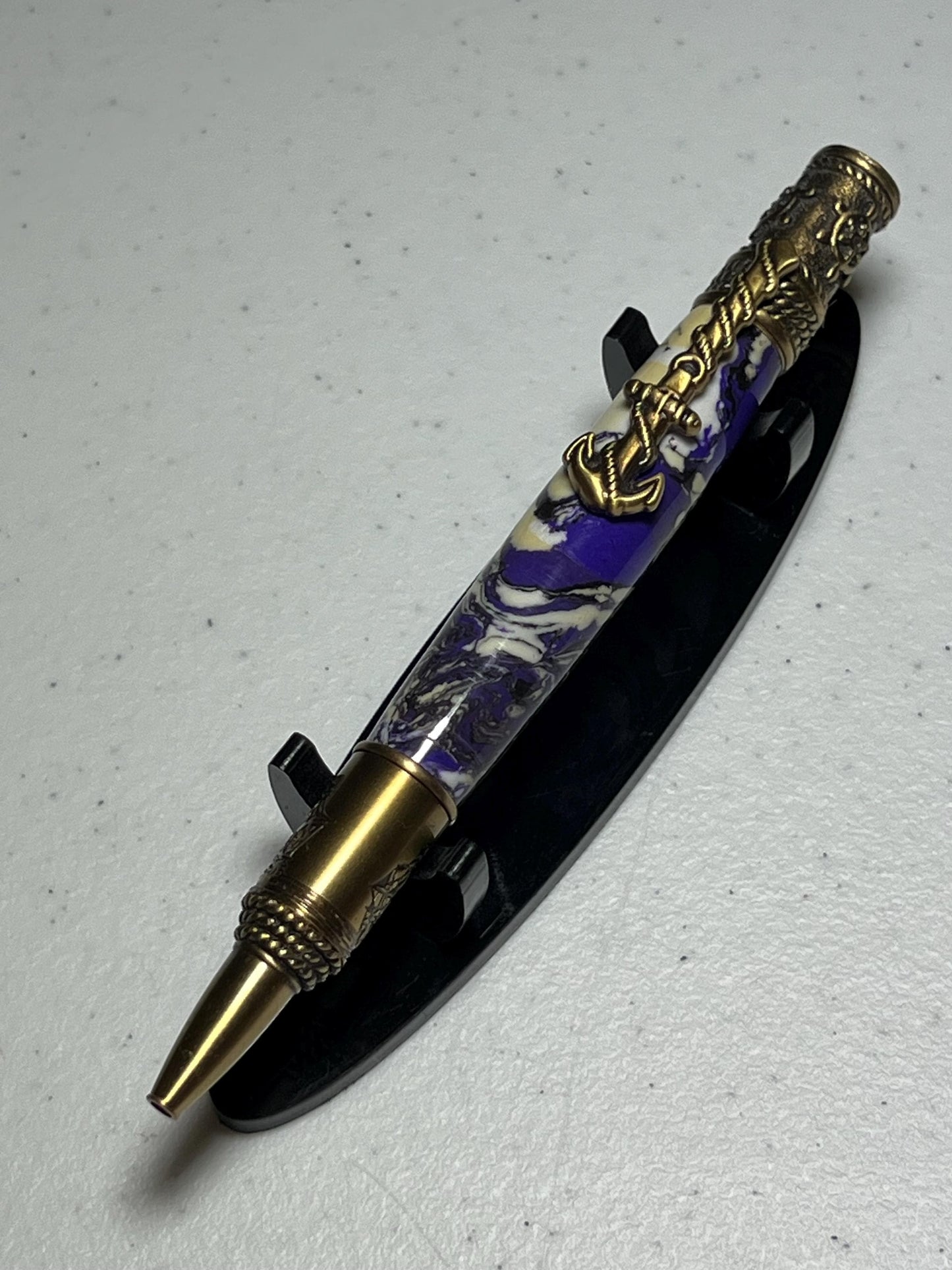 Nautical pen with brass fittings and purple/white/black clay body