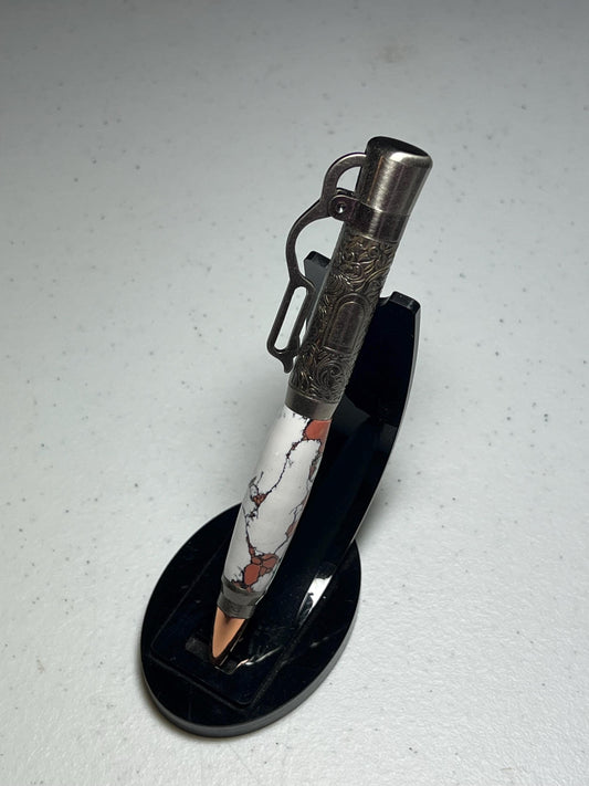 Lever action pen in antique pewter with white and peach clay barrel