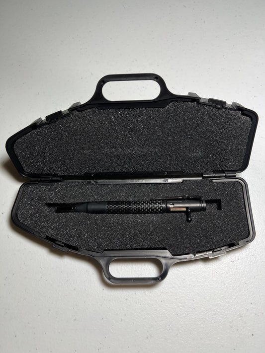 Bolt-action rifle pen black enamel fittings with carbon fiber barrel.