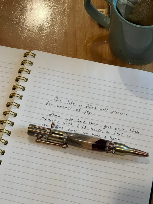 Steampunk style pen with burl and red resin body