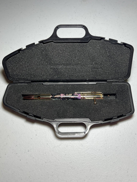 Bolt-action rifle pen gold fittings with mother of pearl barrel.