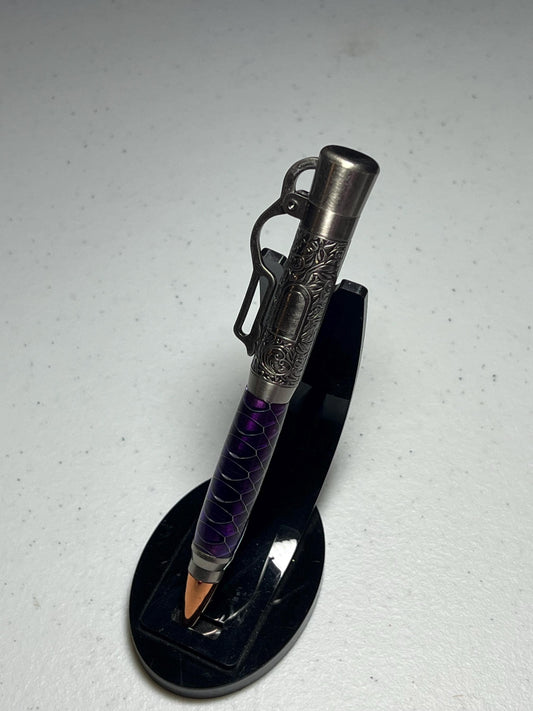 Lever action pen in pewter with purple snake skin pattern barrel