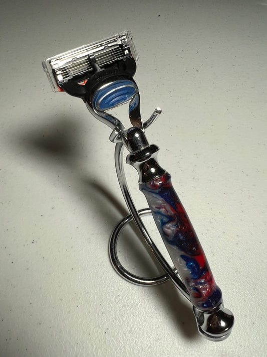 Gillette Fusion Razor handle chrome with black red, white and blue swirl handle and optional holder