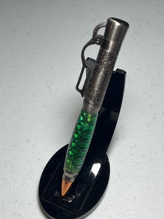Lever action pen in antique pewter with green snake skin pattern barrel