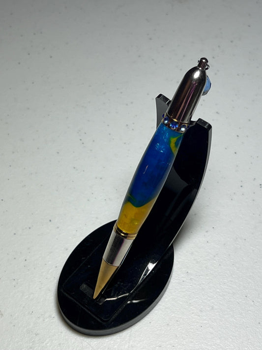 Diva pen with blue/yellow acrylic  and blue Swarovski crystals.