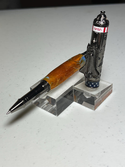Shuttle two part rollerball pen in gunmetal with blue and gold glitter barrel