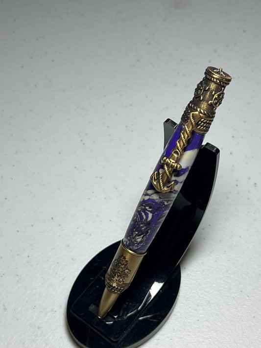 Nautical pen with brass fittings and purple/white/black clay body