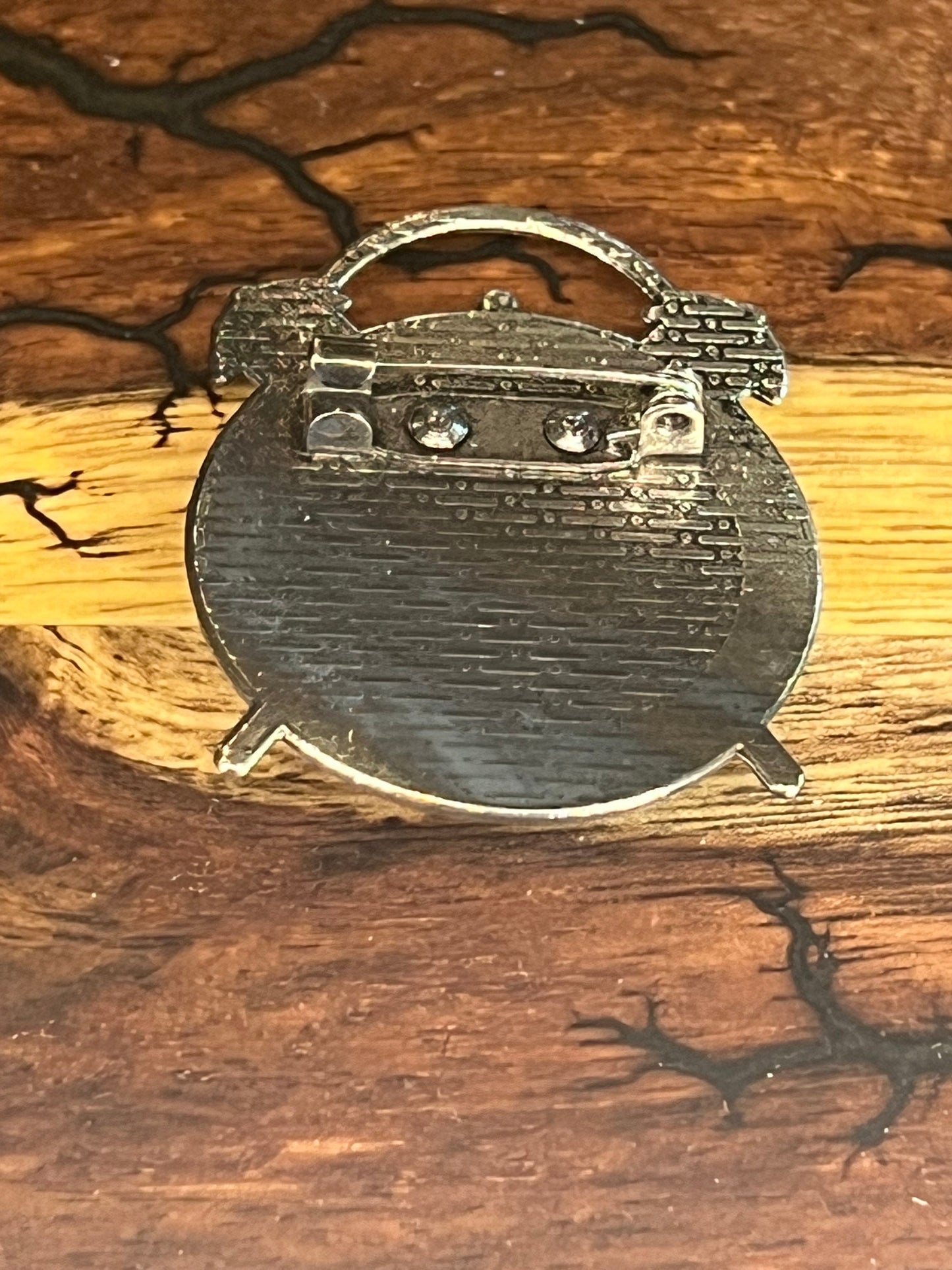 Alarm clock brooch with antique pewter finish