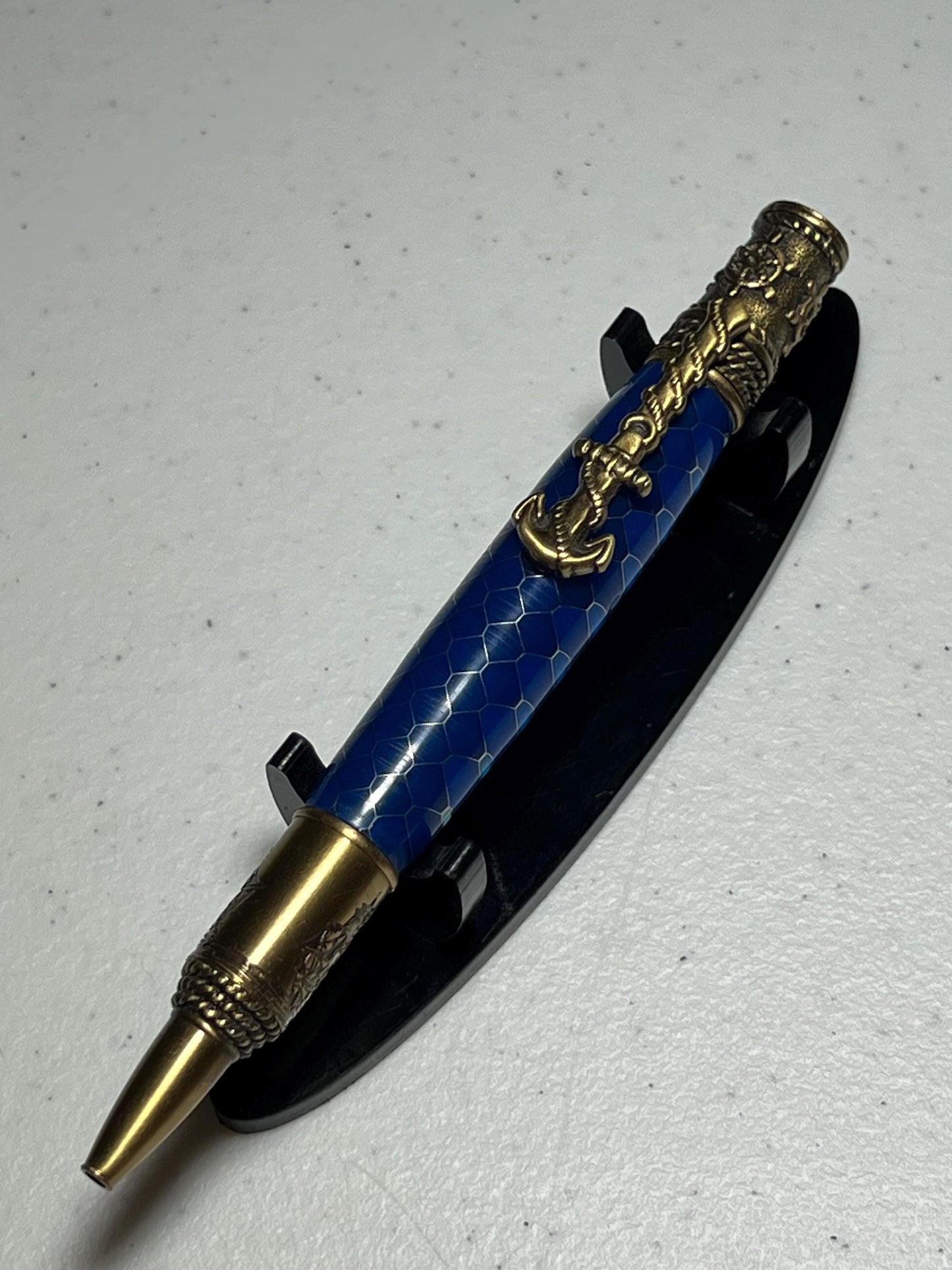 Nautical pen with brass fittings and blue snake scale pattern barrel