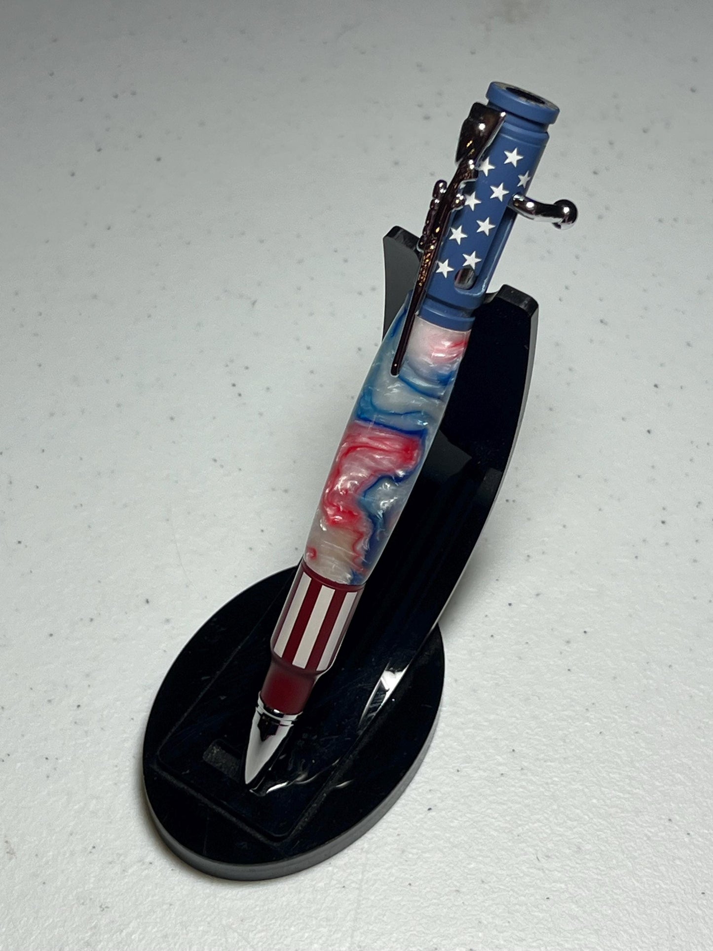 Americana Bolt-action rifle pen gold with Red, White and Blue swirl resin barrel