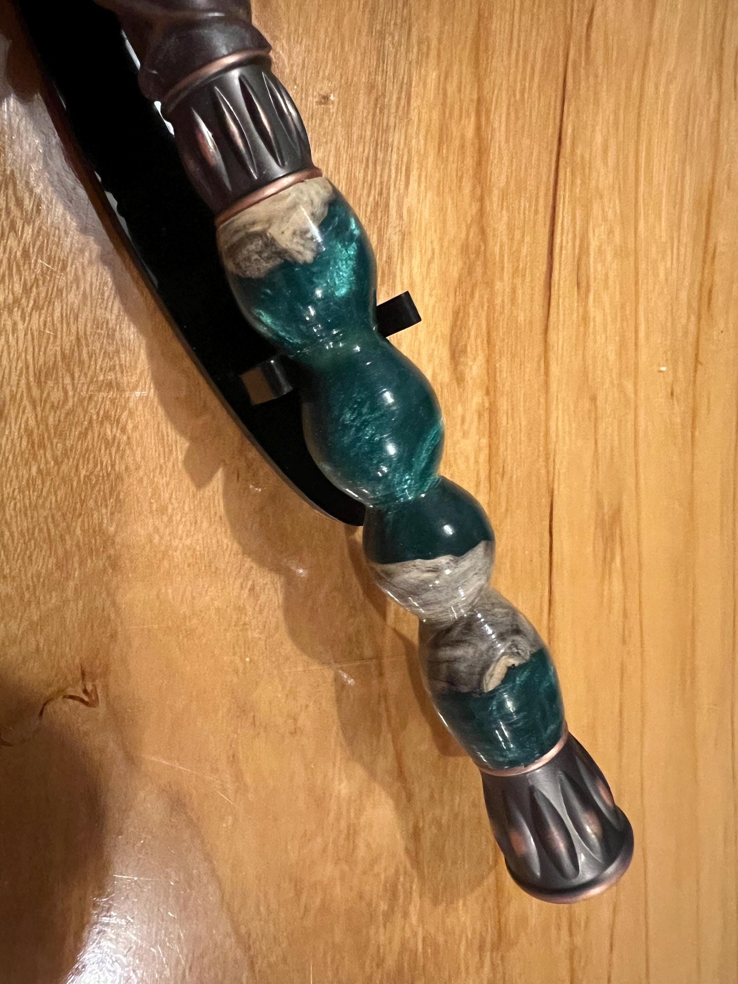 Magic wand prop with hand turned bright green and burl handle