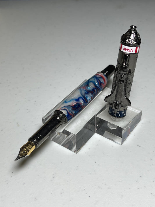 Shuttle two part fountain pen in gunmetal with red, white and blue barrel