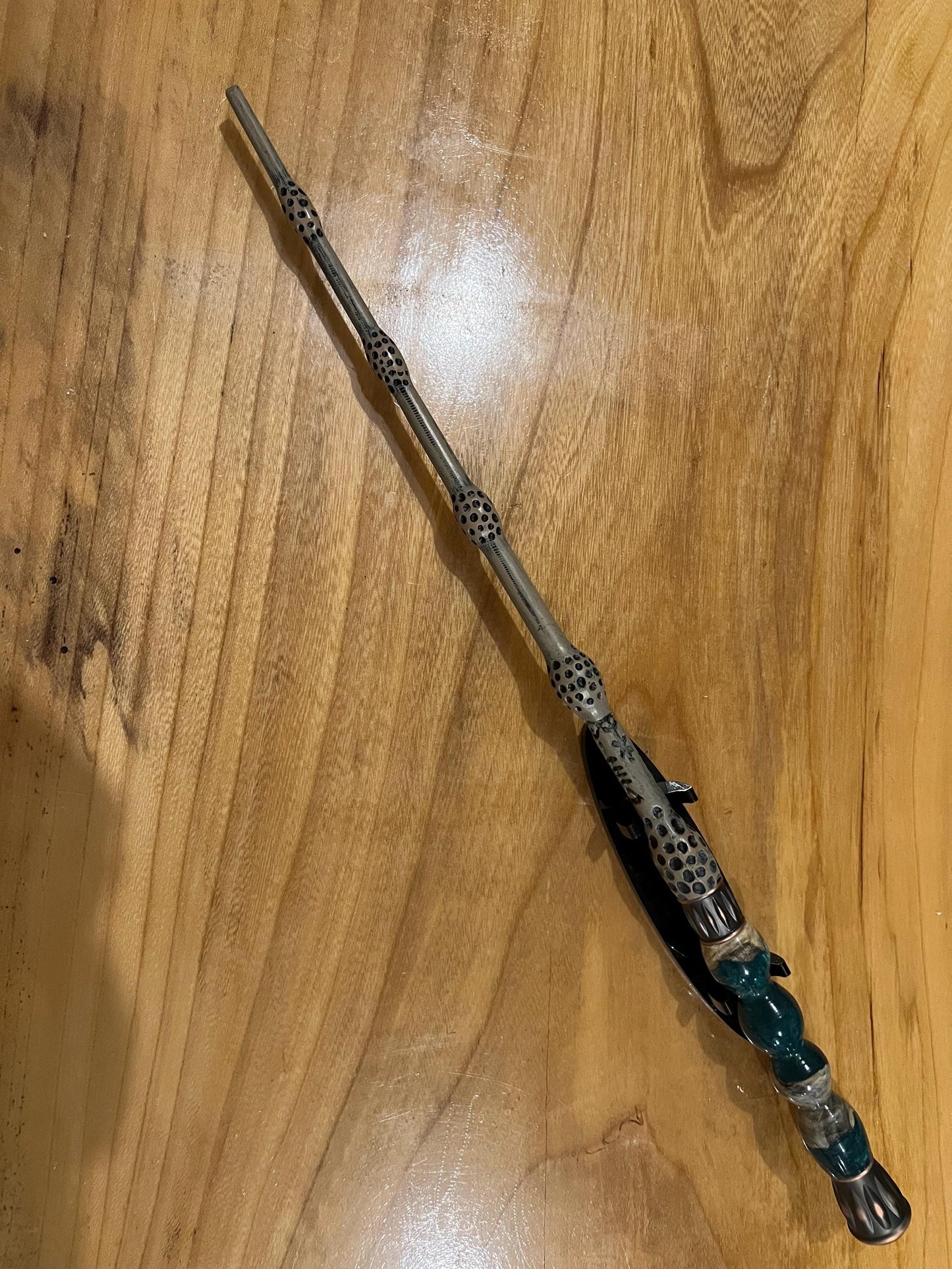 Magic wand prop with hand turned bright green and burl handle