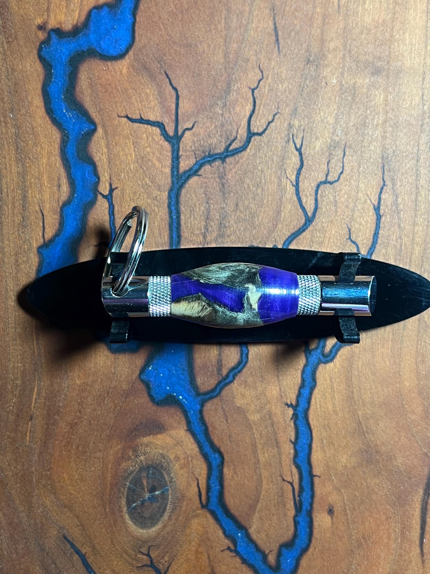 Chrome bottle opener with blue and wood resin body