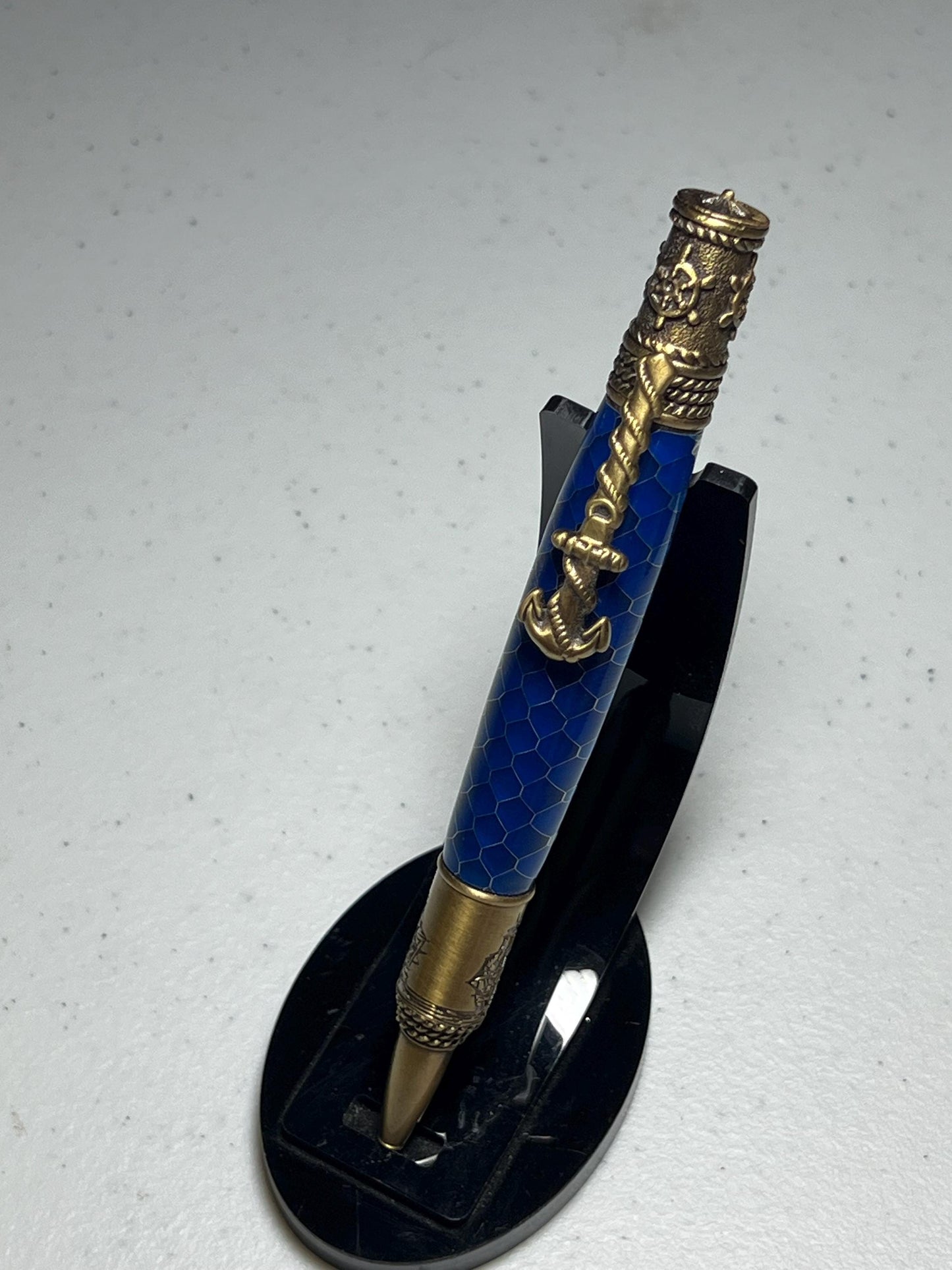 Nautical pen with brass fittings and blue snake scale pattern barrel