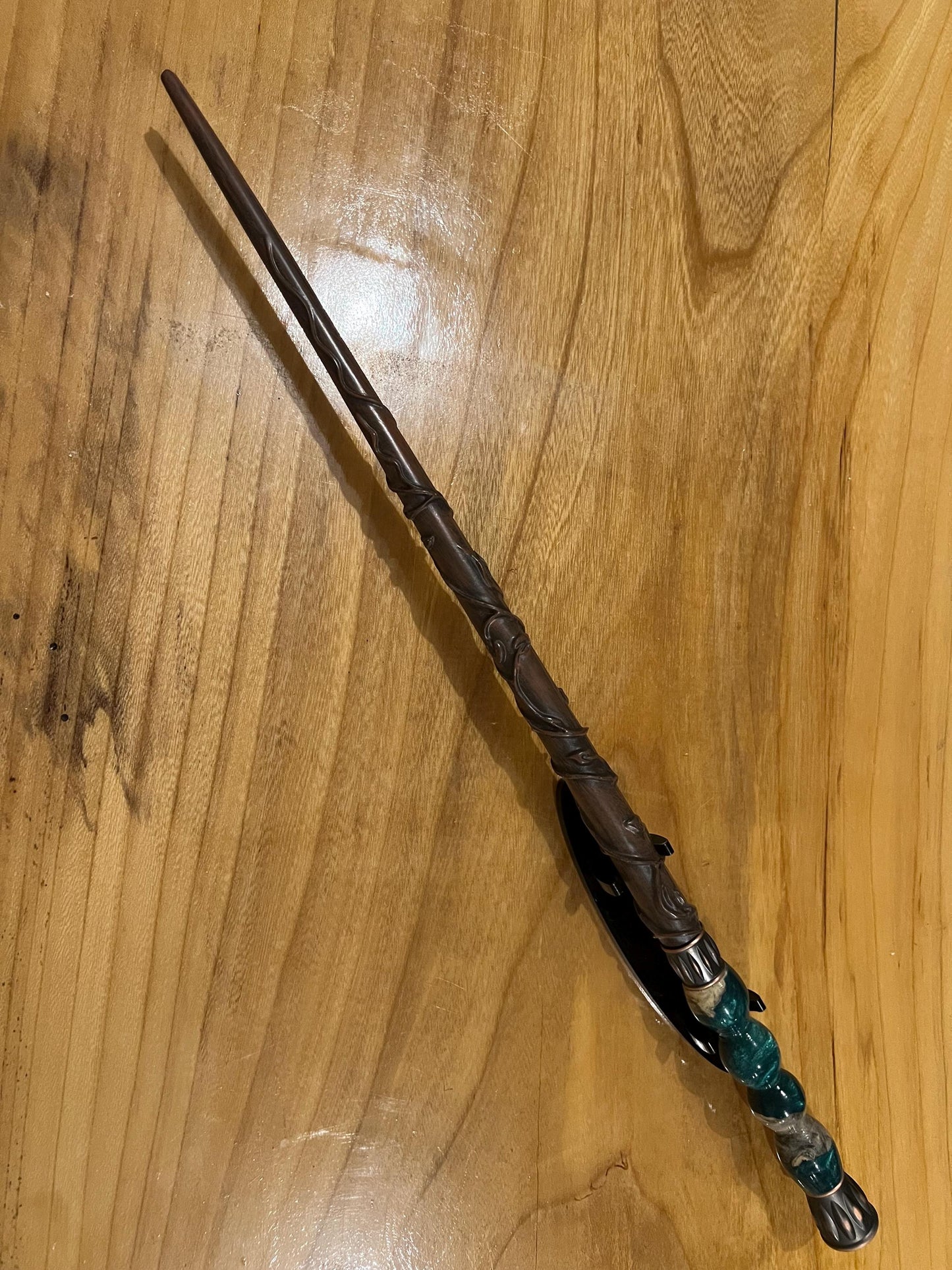 Magic wand prop with hand turned bright green and burl handle