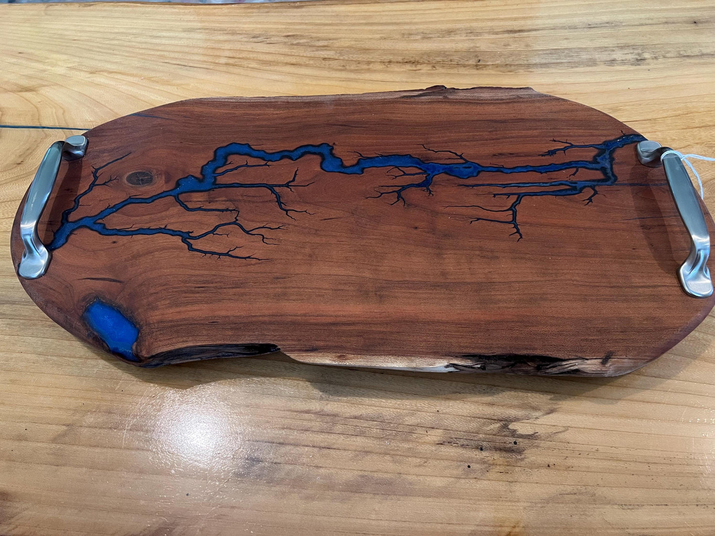 Live edge Cherry Charcuterie tray with Blue Lichtenberg fractures