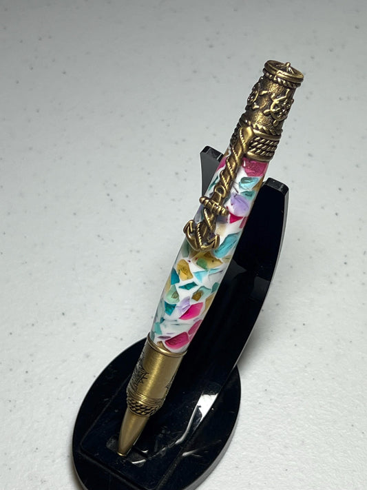 Nautical pen with brass fittings and stained glass barrel