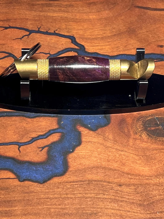 Brass bottle opener with purple burl body