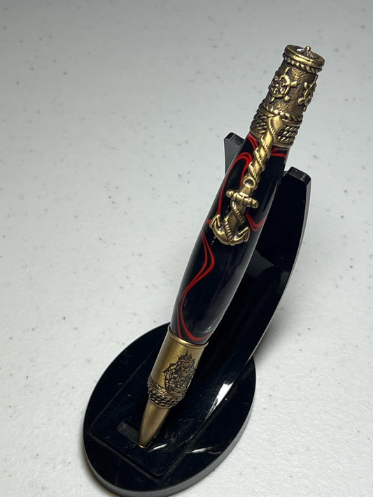 Nautical pen with brass fittings and red/black acrylic