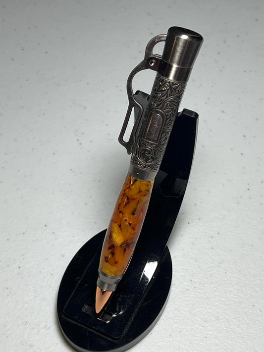 Lever action pen in antique pewter with caramel popcorn barrel
