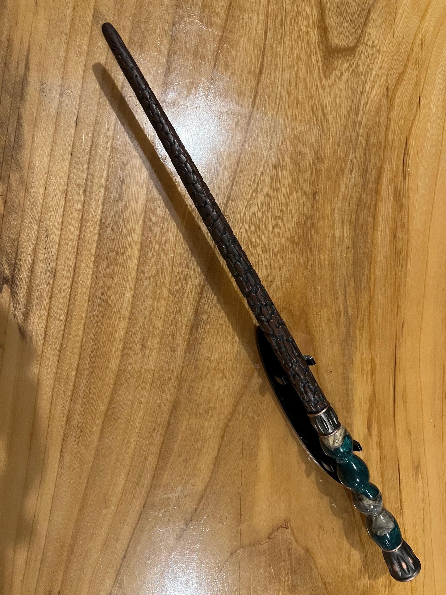 Magic wand prop with hand turned bright green and burl handle